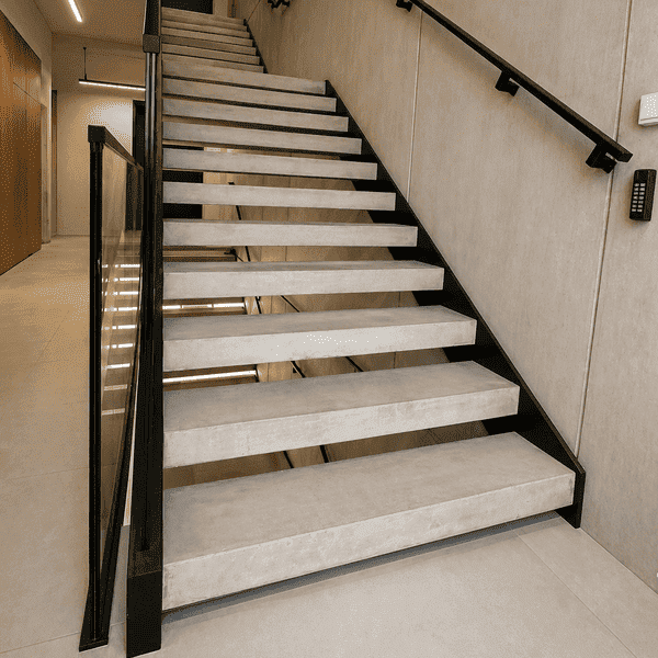 Schody metalowe samonośne ze stopniami z betonu architektonicznego