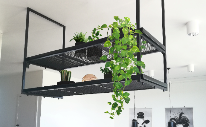 Metal shelf - loft flowerbed suspended from expanded metal.