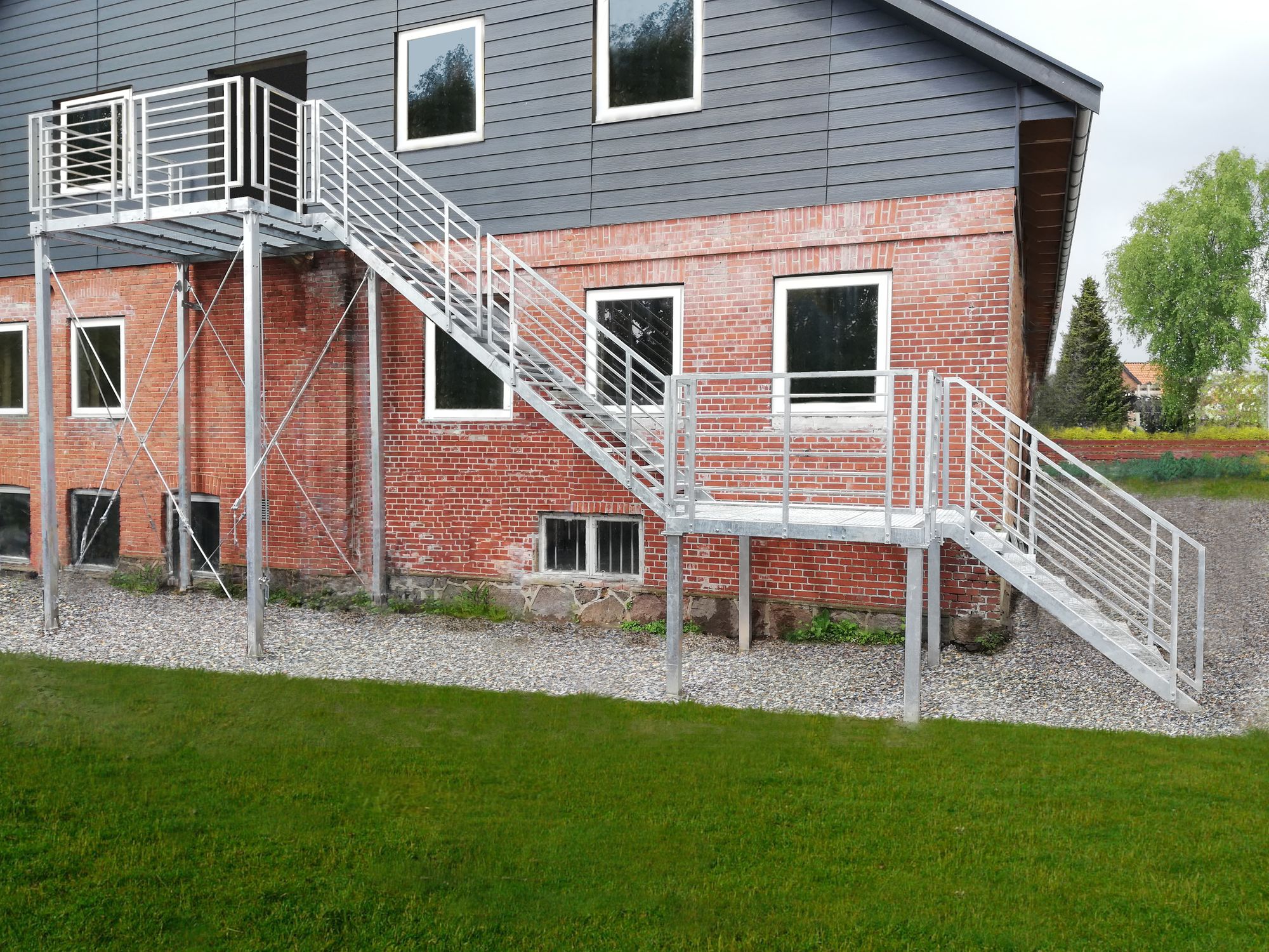 Outdoor galvanized metal stairs with platform